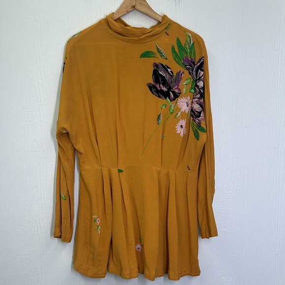 Free People - Gemma Mustard Floral Pattern Long Sleeve Tie Neck Dress Size Small - Picture 8 of 11